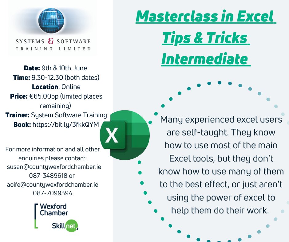 Masterclass in Excel Tips & Tricks - Intermediate 9th & 10th June only 5 places available - Book your place online here ->lnkd.in/eMTVVHD #training #exceltipsandtricks