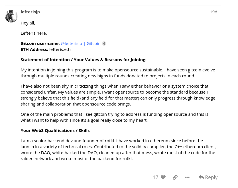 LefterisJP's tweet photo. Yesterday @gitcoin unveiled their path to decentralization through the $GTC token.

Since early days I have been "pestering" gitcoin to stay true to the spirit of opensource, help it grow and not let it be overtaken by greed.

As a gitcoin steward I plan to continue doing so👇 https://t.co/AMIiru53Cp