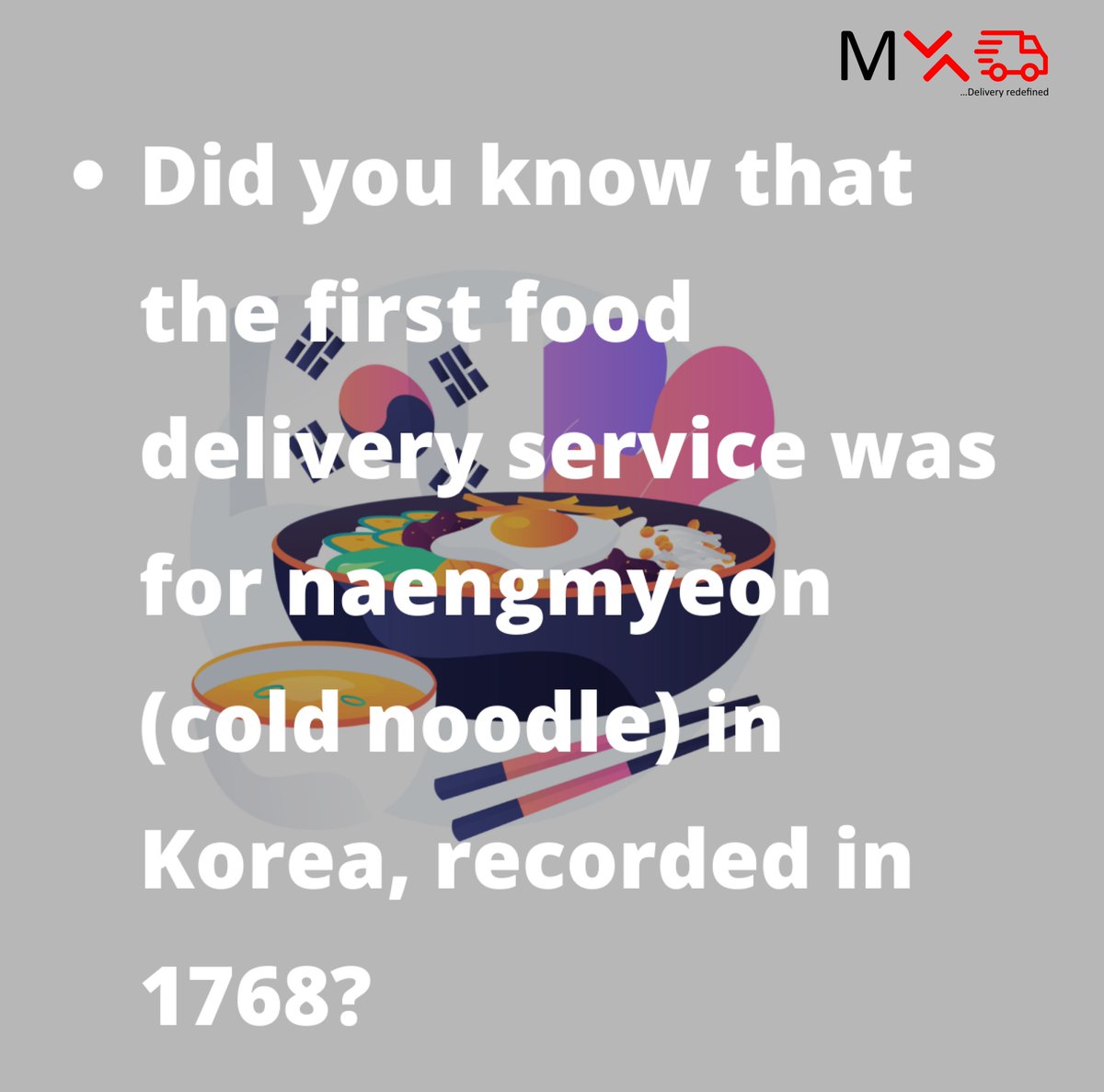 timartlogistics's tweet photo. Did you know that the first food delivery service was for naengmyeon (cold noodle) in Korea, recorded in 1768? That's 253 years ago today! Also, advertisement for food delivery and catering also appeared in the newspaper in 1906.

#wednesdaythought https://t.co/oiWN3UHosH