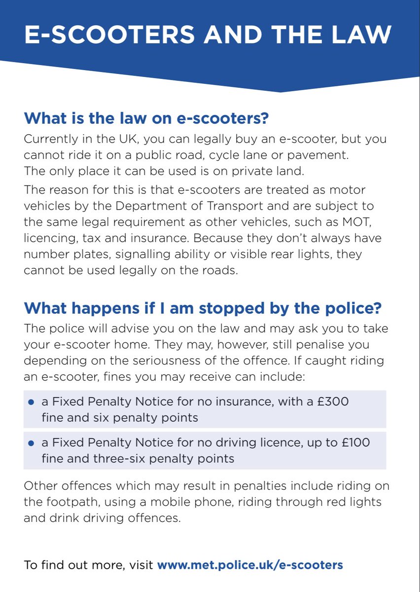 MPSRTPC's tweet photo. A reminder from Tower Hamlets STT as to the law surrounding E-scooter use. #CESTT #TFL #VisionZero #CUBO #MPSTowerHam #Towerhamletscouncil https://t.co/lbtzQTcT5h