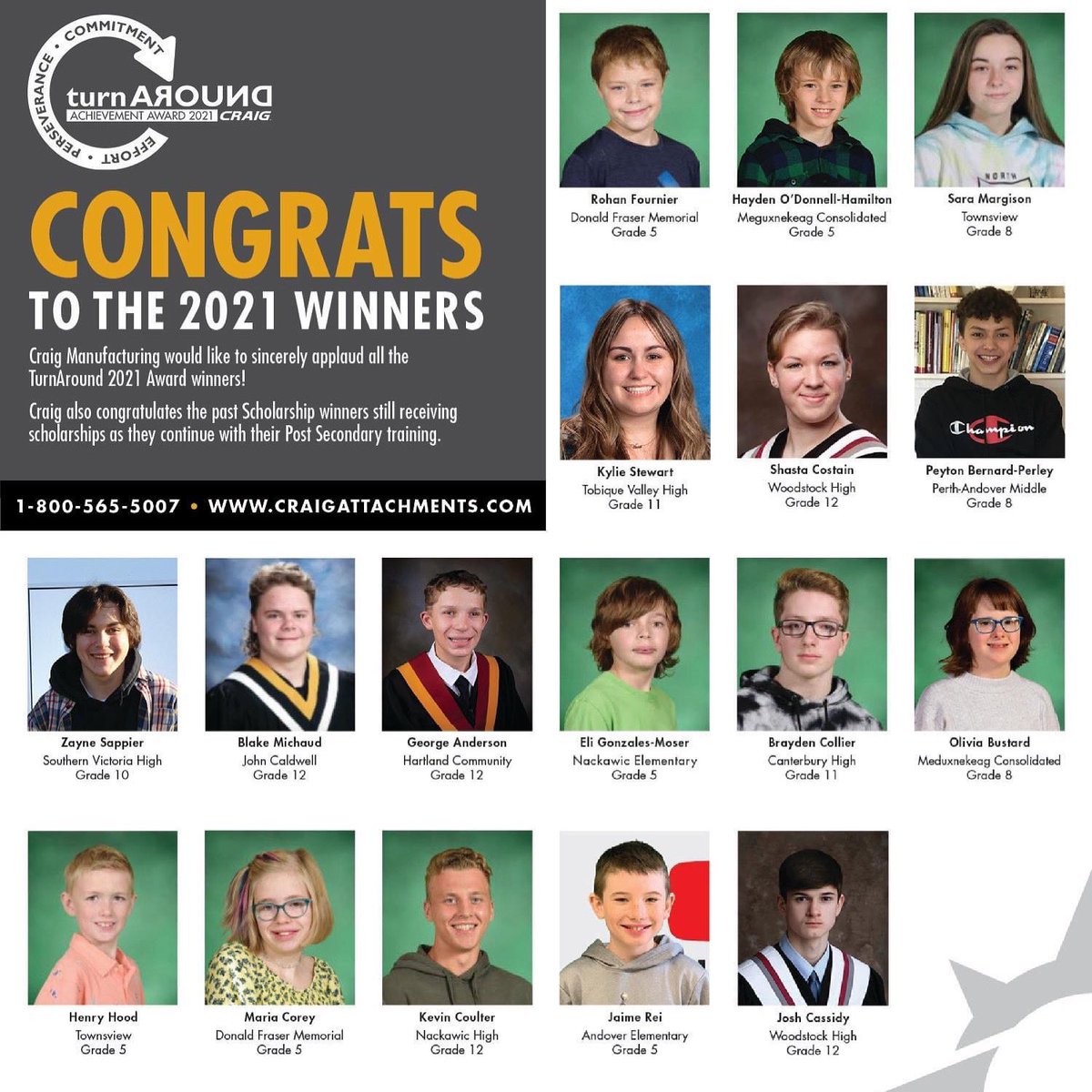 Congratulations to our own George Anderson and all the recipients of the 2021 TurnAround Award. 

Special thanks to Craig Manufacturing for recognizing the hard work done and progress made by each of these students.