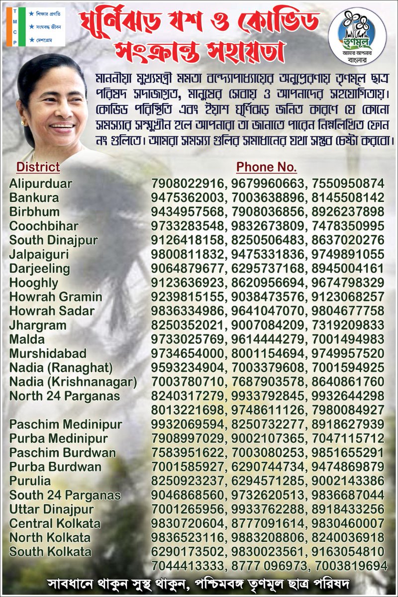 WBTMCPofficial's tweet photo. কোভিড ও ঘূর্ণিঝড় ইয়াস দ্বারা যে কোন সমস্যার সম্মুখীন হলে আপনারা সাহায্যের জন্যে যোগাযোগ করতে পারেন। #TMCPHelpline https://t.co/EQvNXTHAgN