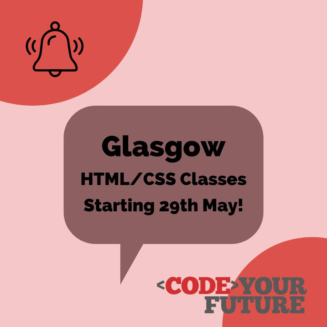 CodeYourFuture's tweet photo. Glasgow HTML/CSS classes starting on Saturday 29th May after a well-deserved break! 🙌🌟
#scotlandtech #digitalscotland #techforgood #volunteers #coding #community #support #scotlandvolunteering https://t.co/ZdFvMKC3NQ