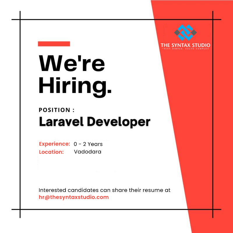 Hello Everyone,

Greetings from The Syntax Studio

We are Hiring Laravel Developer.

Share CV at hr@thesyntaxstudio.com

#References are appreciated!

APPLY NOW!

lnkd.in/eP7Fp3h

#hiringnow #thesyntaxstudio #laraveldeveloper #phpdeveloper #openings #opportunity #applynow