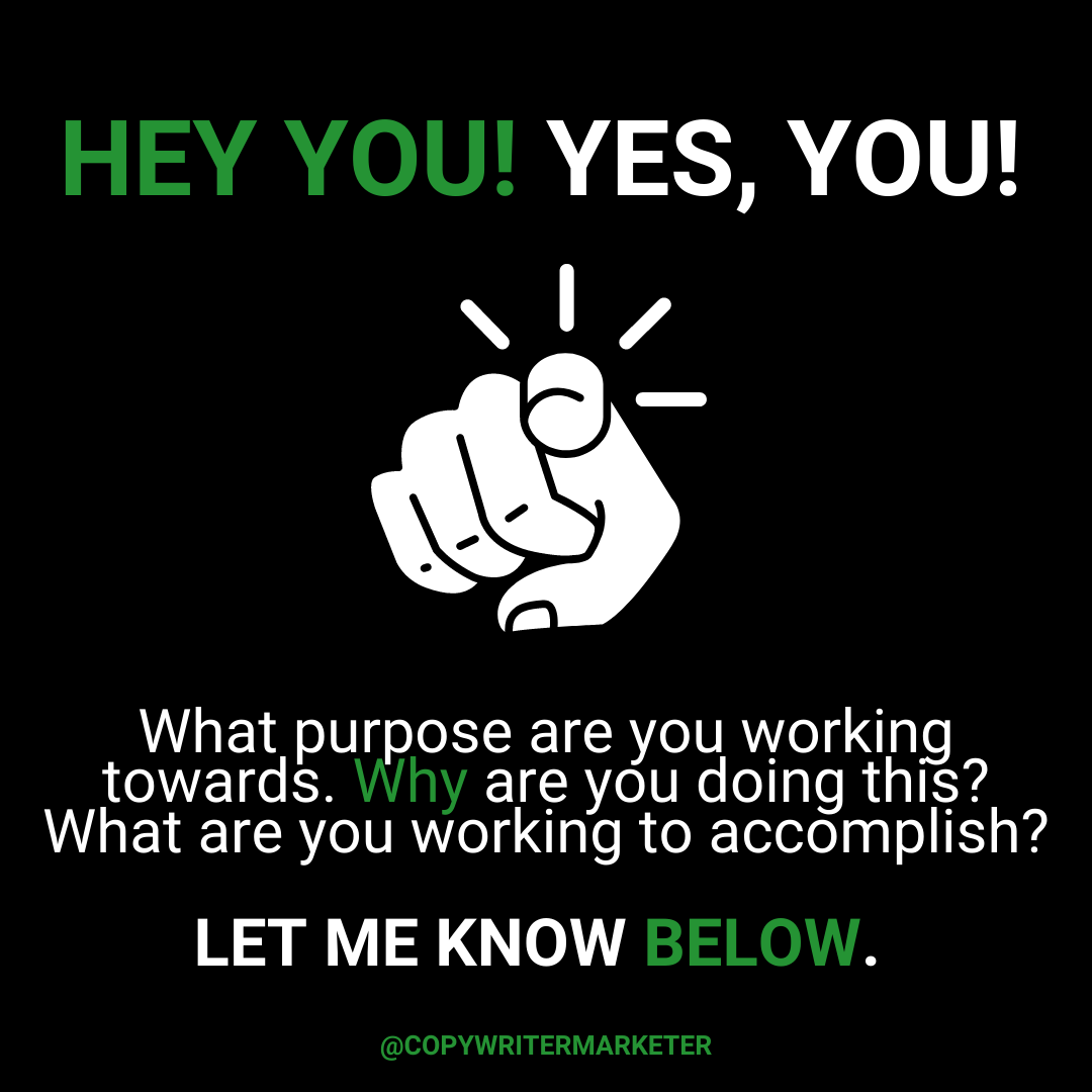 copywriterwin's tweet photo. I'm curious....
What purpose are you working towards?
Why are you here?
What are you working to accomplish?
What do your ideal look like?
I'd love to hear from you below π
#copywritermarketer https://t.co/MHQGMWTtuT