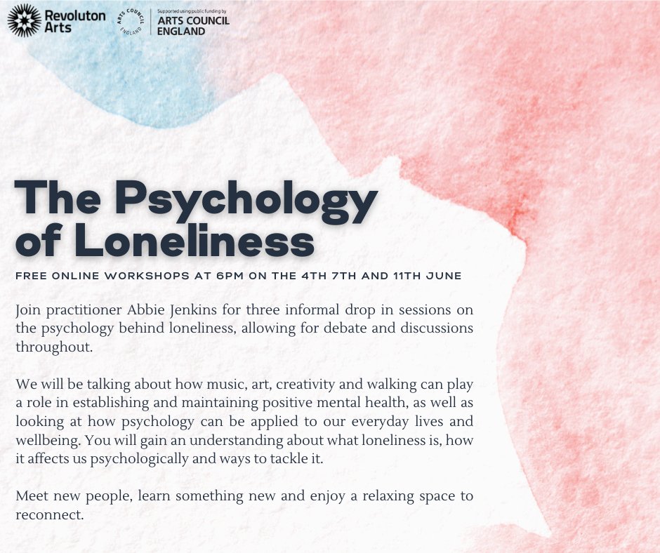 RevolutonArts's tweet photo. Free online workshops! Join Abbie Jenkins for three informal drop in sessions on the psychology behind loneliness and how music, art, creativity and walking can play a role in establishing and maintaining positive mental health.
https://t.co/TwkUwdR3GJ
#hopeinabox
#ACESupported https://t.co/LwTzJ6nUN8