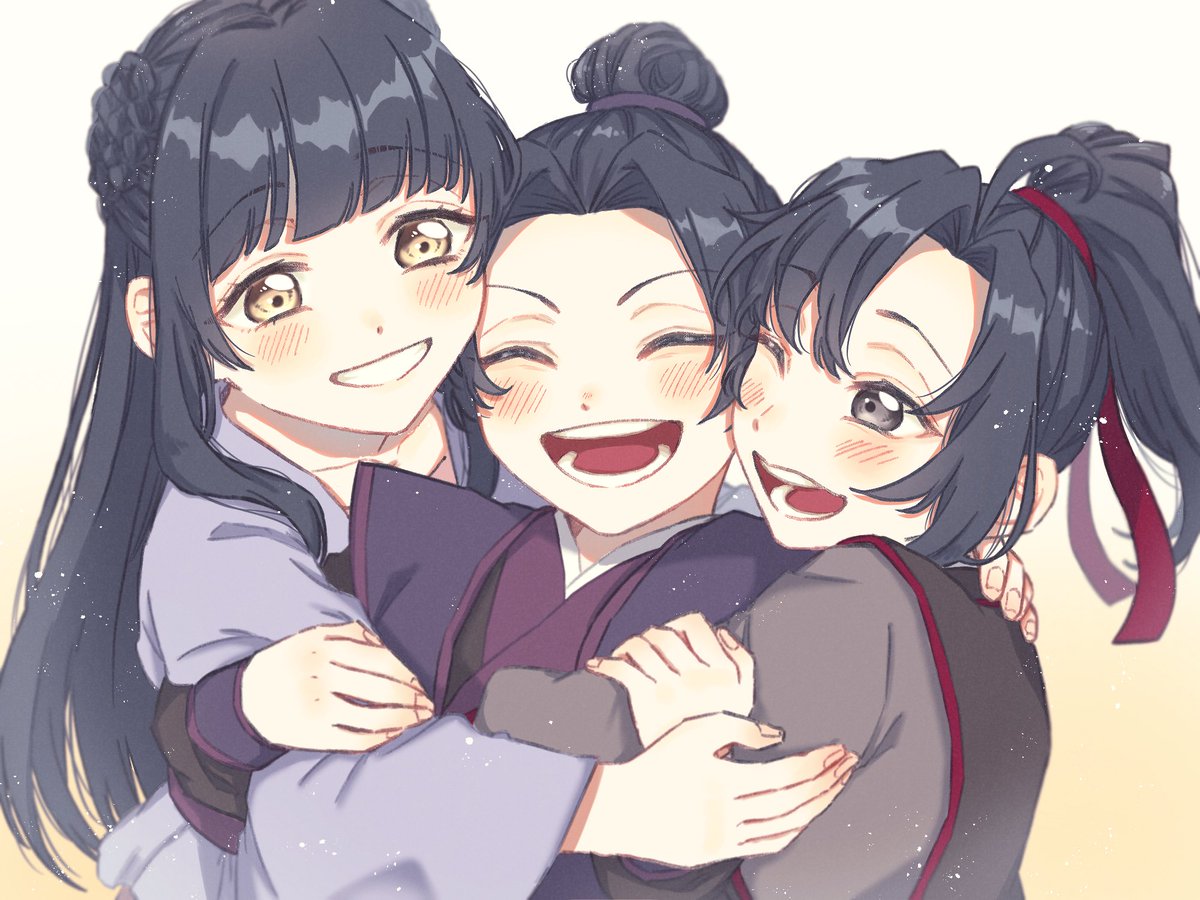 multiple girls hug smile black hair hair bun long hair blush  illustration images