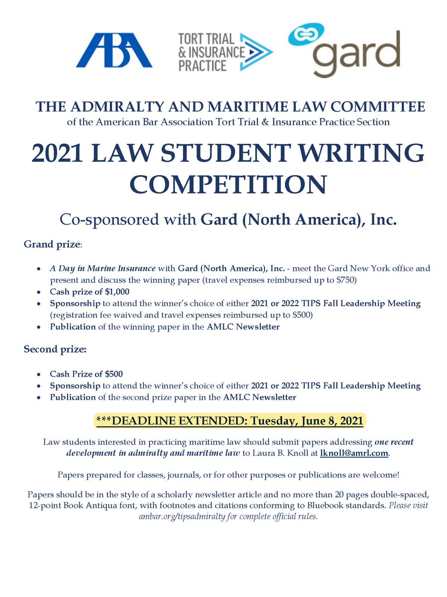 tipsAMLC's tweet image. ⚓Good news: the deadline for the annual maritime law student writing competition has been extended until June 8, 2021! Please email Laura B. Knoll (LKnoll@amrl.com) with any entries and/or any questions. ⚓