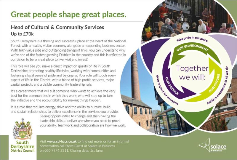 SolaceRecruit's tweet photo. There is still time to apply! - South Derbyshire District Council - Head of Cultural &amp; Community Services

Closes 12 noon, Tuesday 1st June

For further information please visit https://t.co/CjHmvcHtJa https://t.co/EHAkjRzHMV