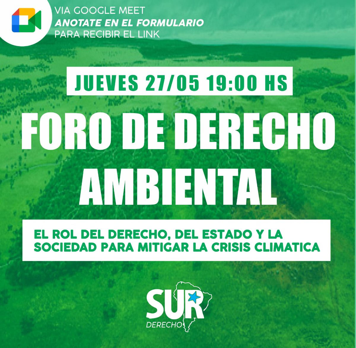 surderecho's tweet photo. 🌍FORO DE DERECHO AMBIENTAL 27/05 19hs.
En un contexto de crisis climatica producida por la explotacion de los bienes natuales, y ante la ausencia de accionar estatal para mitigar los efectos del daño ambiental nos preguntamos ¿QUE ROL CUMPLEN EL DERECHO, EL ESTADO Y LA SOCIEDAD? https://t.co/JtkAzZj12R