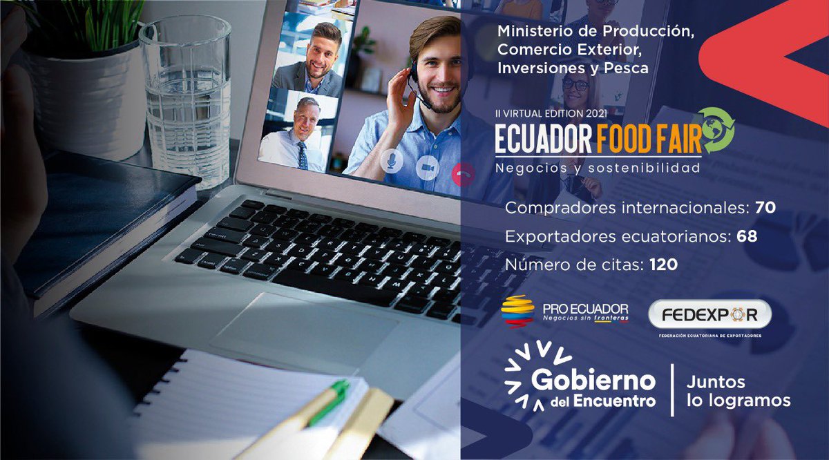 El evento "Ecuador Food Fair 2021” organizado por <a href="/Fedexpor/">FEDEXPOR</a>, cuenta con el apoyo de <a href="/Produccion_Ecu/">Ministerio de Producción</a>, <a href="/ProEcuador_/">PRO ECUADOR</a> y sus Oficinas Comerciales.
70 compradores internacionales participarán en este espacio que busca promocionar la oferta exportable ecuatoriana.
#GobiernoDelEncuentro