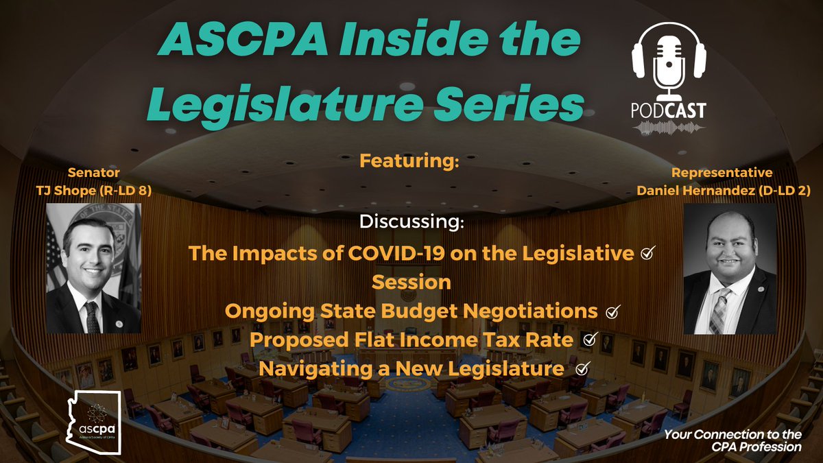 ASCPA's tweet image. Sen. @TJShopeforAZ and Rep. @danielforaz joined us to discuss the 2021 Legislature, ongoing budget negotiations and the proposed flat income tax. Thanks for sharing your insights! Take a listen: ascpa.com/stay_informed/…
#azleg #AZBudget
