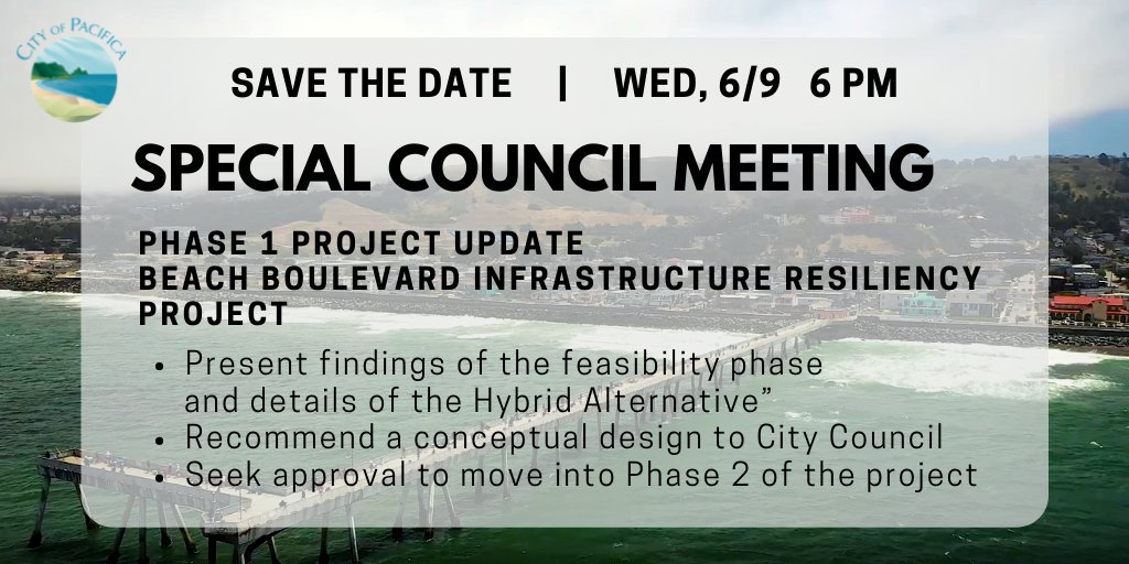 City of Pacifica (@pacifica) on Twitter photo Join the City’s virtual Special City Council Meeting for the Beach Boulevard Infrastructure Resiliency Project on June 9 at 6 p.m. Please join the conversation about what’s next for the Beach Boulevard area and the current seawall. Learn more at CityofPacifica.org/beachresiliency Join the City’s virtual Special City Council Meeting for the Beach Boulevard Infrastructure Resiliency Project on June 9 at 6 p.m. Please join the conversation about what’s next for the Beach Boulevard area and the current seawall. Learn more at CityofPacifica.org/beachresiliency