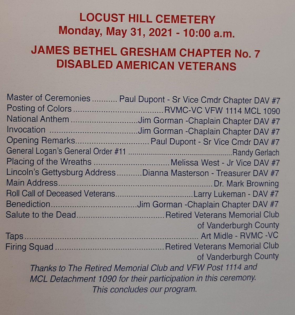 The Locust Hill Cemetery and Arboretum 2021 Memorial Day Service will be held on Monday, May 31st at 10am. Thanks to the Retired Veterans Memorial Club, VFW Post 1114, and MCL Detachment 1090 for their participation in this ceremony.  <a href="/EvansvilleINGov/">City of Evansville</a>