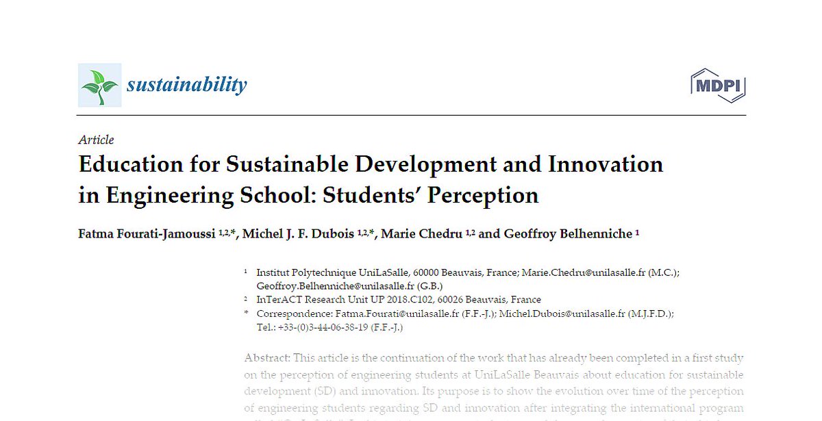 InTerACT UniLaSalle (@interact_lab) on Twitter photo Education for #SustainableDevelopment and Innovation in Engineering School: Students’ Perception
👉Read and share the survey results from the study by our colleagues #InTerACT_lab #UniLaSalle
✨Obviously, #OpenAccess: mdpi.com/2071-1050/13/1…
#mdpisustainability <a href="/Sus_MDPI/">Sustainability</a> Education for #SustainableDevelopment and Innovation in Engineering School: Students’ Perception
👉Read and share the survey results from the study by our colleagues #InTerACT_lab #UniLaSalle
✨Obviously, #OpenAccess: mdpi.com/2071-1050/13/1…
#mdpisustainability <a href="/Sus_MDPI/">Sustainability</a>