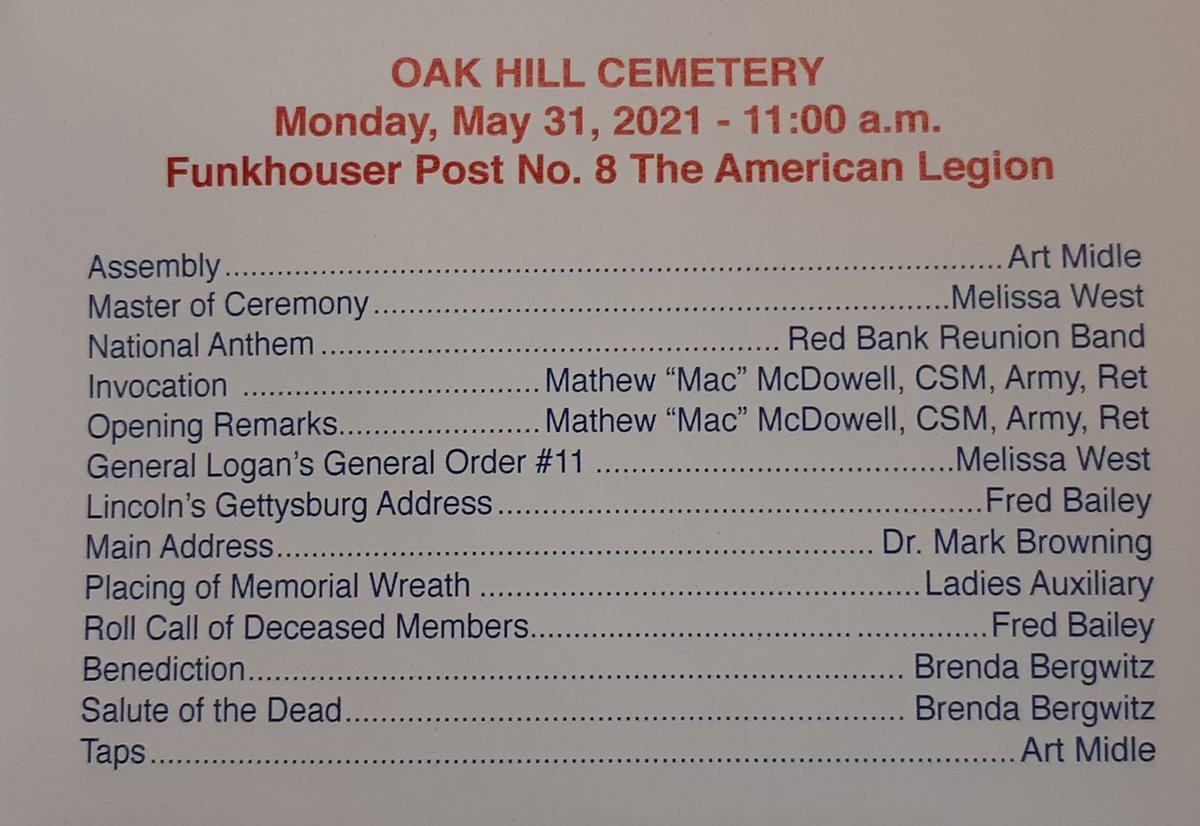 The Oak Hill Cemetery and Arboretum 2021 Memorial Day Service will be held on Monday, May 31st at 11am on our Veterans Plaza.  In case of rain, the service will be moved inside of Chapel One.  <a href="/EvansvilleINGov/">City of Evansville</a>