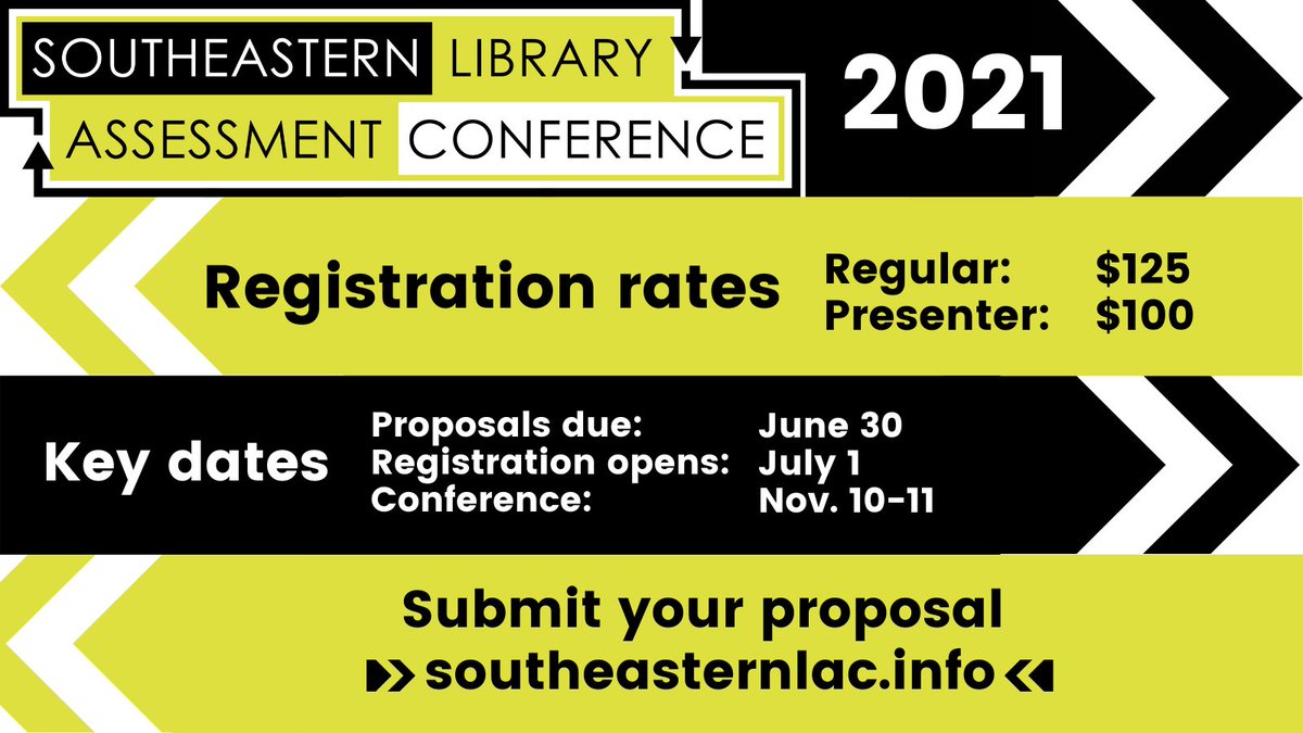SoutheasternLAC's tweet image. More conference updates: Regular registration for #SLAC2021 will be $125 with a $25 discount for presenters. Speaking of presenters, the CFP is live on the conference website. We can&apos;t wait to see what you all have to share. #LibraryAssessment #LibraryConference