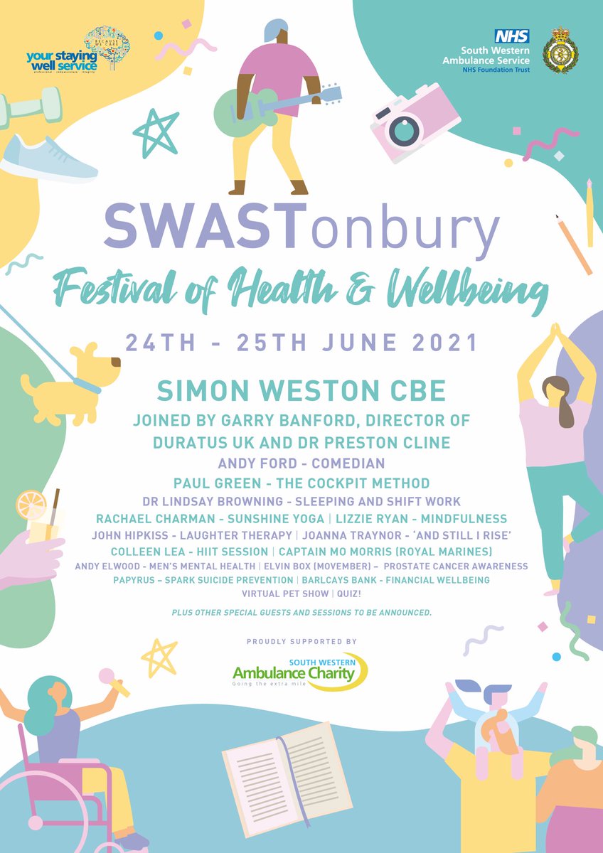swa_charity's tweet photo. 🎭 We are thrilled to be supporting the SWASTonbury, the virtual Festival of Health &amp; Wellbeing 🧘‍♀️!!

@swasFT staff, volunteers and their families are invited to join us on the 24th and 25th June!

Check out the bulletin for more information 👍 https://t.co/nxdF8cZD52
