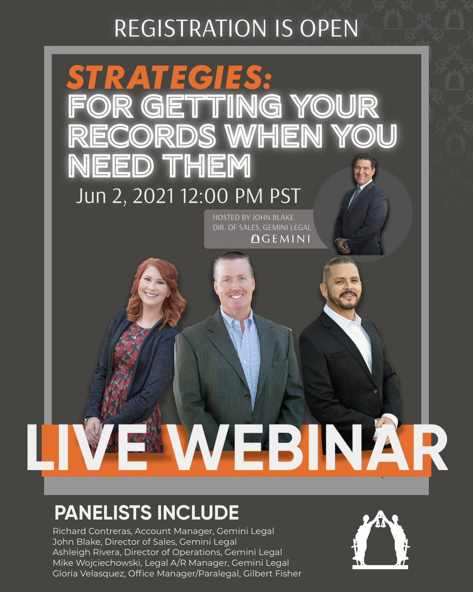 geminilegal's tweet photo. JUST ANNOUNCED: We have added a new guest to our upcoming webinar: 
Gloria Velasquez!  
Office Manager/Paralegal, Gilbert Fisher

🚨Registration is now open🚨
Strategies for Getting Records When You Need Them

REGISTER HERE:
https://t.co/CAGUl3C5gq https://t.co/as82fazgGL