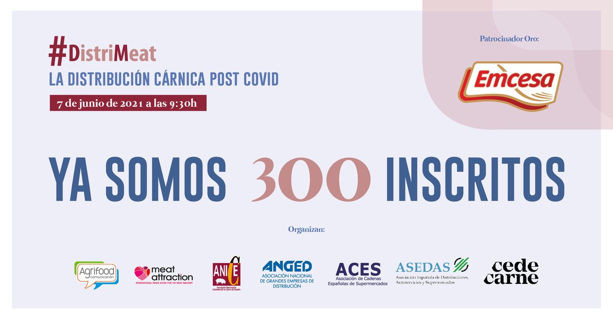 EmcesaCarnicos's tweet photo. Ya son más de 3⃣0⃣0⃣ las personas que se han inscrito al gran evento del sector #cárnico 🙌 #DistriMeat2021, la distribución #cárnica post #COVID19 💻 Tú también puedes asistir 👏 Inscríbete ➡️ https://t.co/Rky0qTwkJx https://t.co/dmrSbFoxqJ
