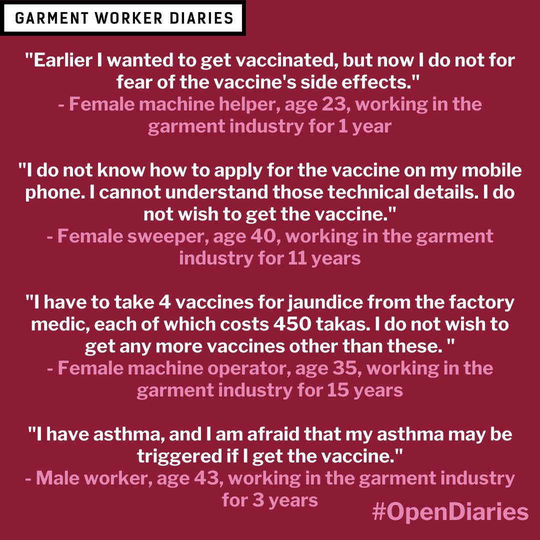 workerdialogue's tweet photo. This week #OpenDiaries provides a summary of unvaccinated Bangladeshi garment workers’ feelings about the COVID-19 vaccine. Full post here https://t.co/3HcR0CZdYp
Send questions for the garment workers via direct message, posting a comment or emailing questions@workerdiaries.org https://t.co/CIEVyqKYAA