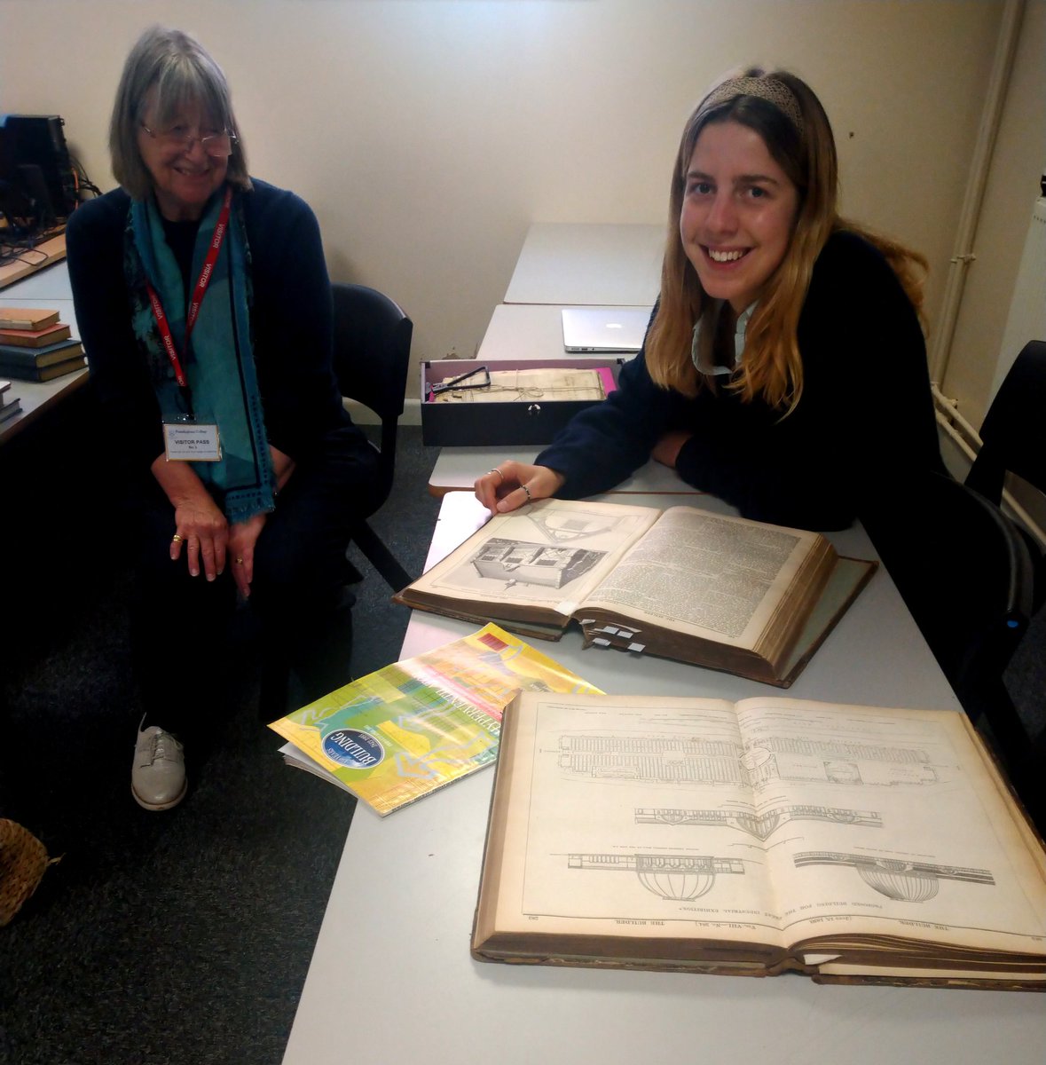 Fram_Art's tweet photo. Art Historian Kitty D. is treated to guest lecturer Caroline Mallett discussing researching sources. An 1850 edition of 'Building' magazine was compared to a contemporary edition. https://t.co/on9ovWtvgZ