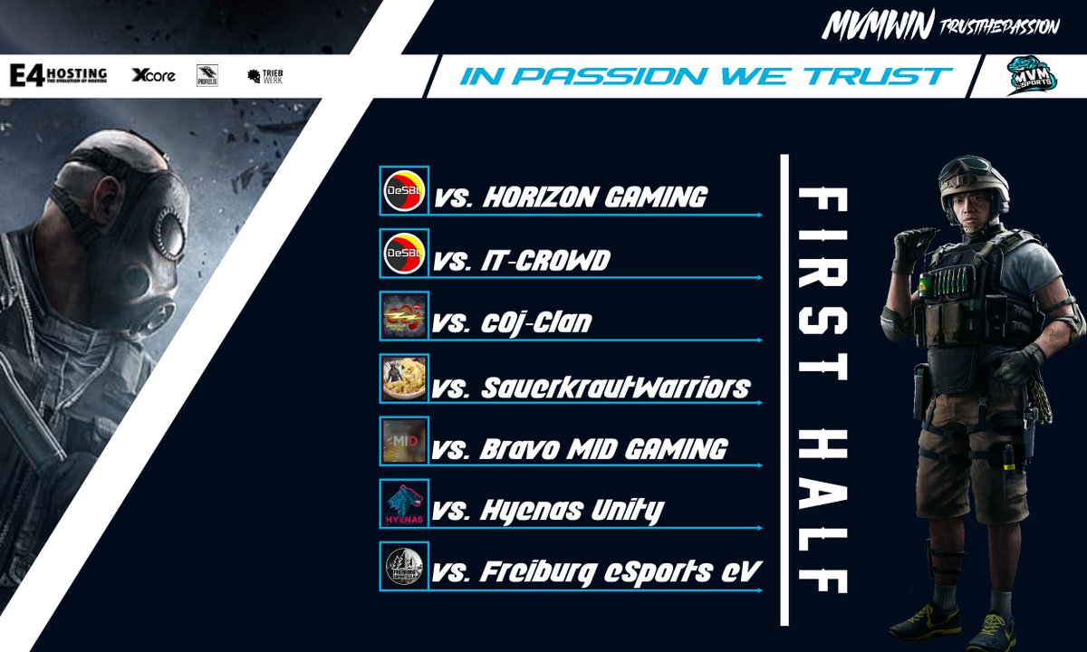 eWolves | Valorant (@ewolvesval) on Twitter photo The 13th season of <a href="/DeSBLR6/">DeSBL Rainbow Six</a> started and here is the first half of our schedule.
Our first play day will be against #HorizonGaming.
GL HF!
#MVMWIN #TRUSTTHEPASSION The 13th season of <a href="/DeSBLR6/">DeSBL Rainbow Six</a> started and here is the first half of our schedule.
Our first play day will be against #HorizonGaming.
GL HF!
#MVMWIN #TRUSTTHEPASSION