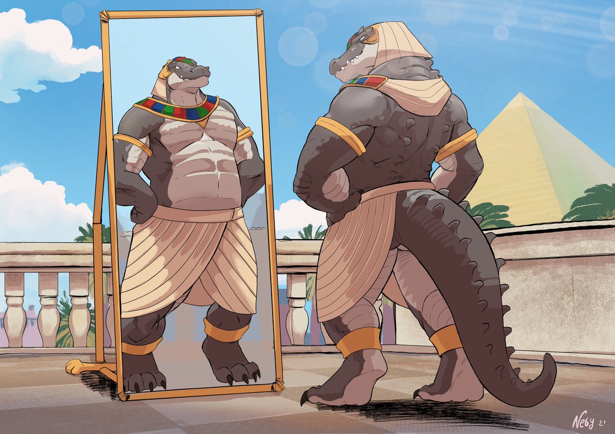 My croc character Silas enjoying the sun and himself in the mirror.
This amazing art was completed by <a href="/negnegger/">Negy 🍆</a> can also be found at furaffinity.net/user/negger/