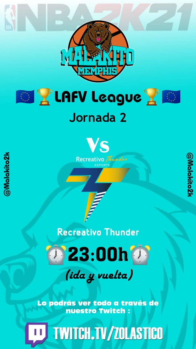🚨MATCH DAY! 🚨 (Segundo intento) 

🏆 @LAFVFIFA
📅 Jornada 2
🆚 <a href="/RecreThunder/">Recreativo Thunder eSports</a>
⏰ 23:00 (ida y vuelta)
📺 Twitch.tv/zolastico