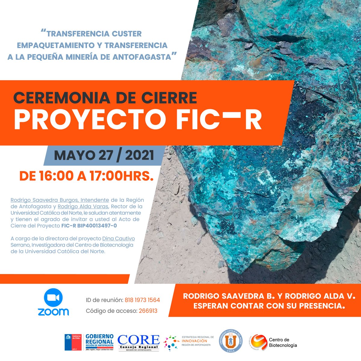 [INVITACIÓN]
Participa mañana del cierre del proyecto "Transferencia Empaquetamiento Custer y Transferencia a la Pequeña Minería de Antofagasta", del Centro de Biotecnología de la <a href="/UCNorte/">Universidad Católica del Norte</a>
Accede a la reunión desde aquí:
reuna.zoom.us/j/81819731564
#Innovación