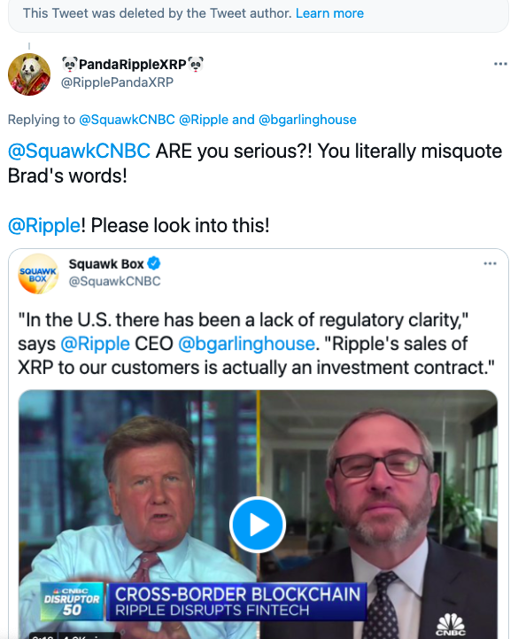RipplePandaXRP's tweet photo. Wow @SquawkCNBC, so you guys just delete the misquote and video without making any statement?

Not even a repost with accurate quote?! 🤨

Highly doubt your company's integrity! 😒 https://t.co/d0wNYeVLTw