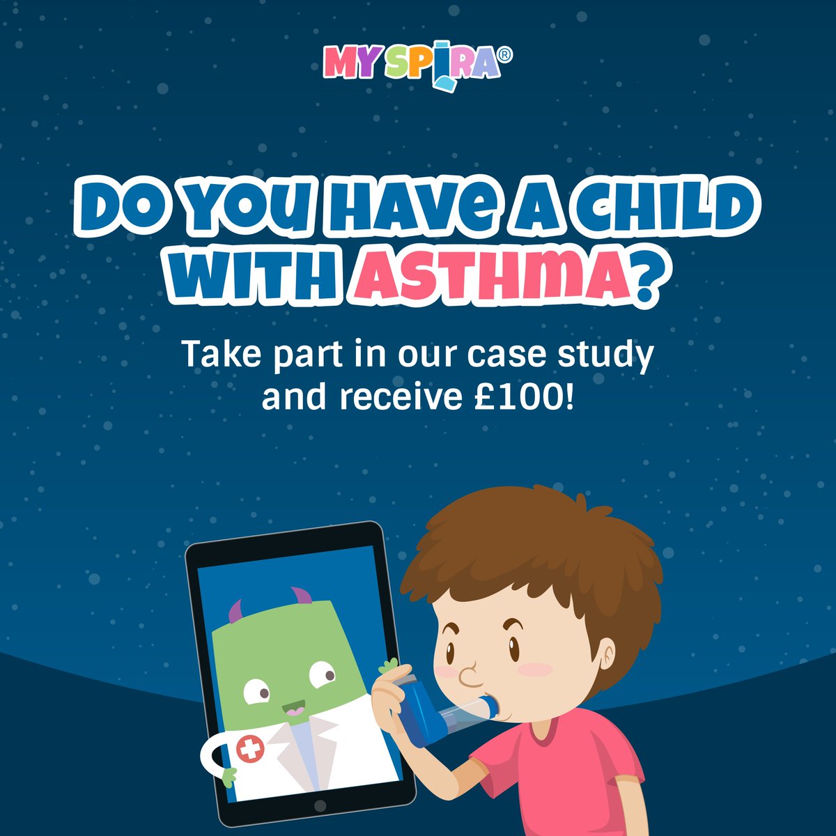 MySpira - The AR Asthma App! (@myspiragame) on Twitter photo Do you have a child aged 6-10 with #Asthma? We’re offering £100 per case study for MySpira, the world’s first #AugmentedReality asthma training app. To find out more about the trial and to apply, email us at hello@myspira.com Do you have a child aged 6-10 with #Asthma? We’re offering £100 per case study for MySpira, the world’s first #AugmentedReality asthma training app. To find out more about the trial and to apply, email us at hello@myspira.com