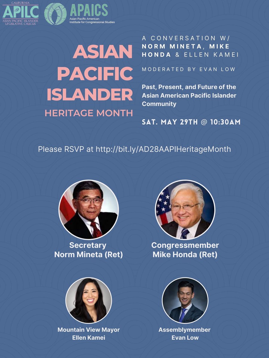 Norm Mineta and I will will have a discussion on the future of our AAPI community.  

Join us on zoom- Saturday, May 29th, 10:30am PST.

RSVP here: bit.ly/AD28AAPIHerita…