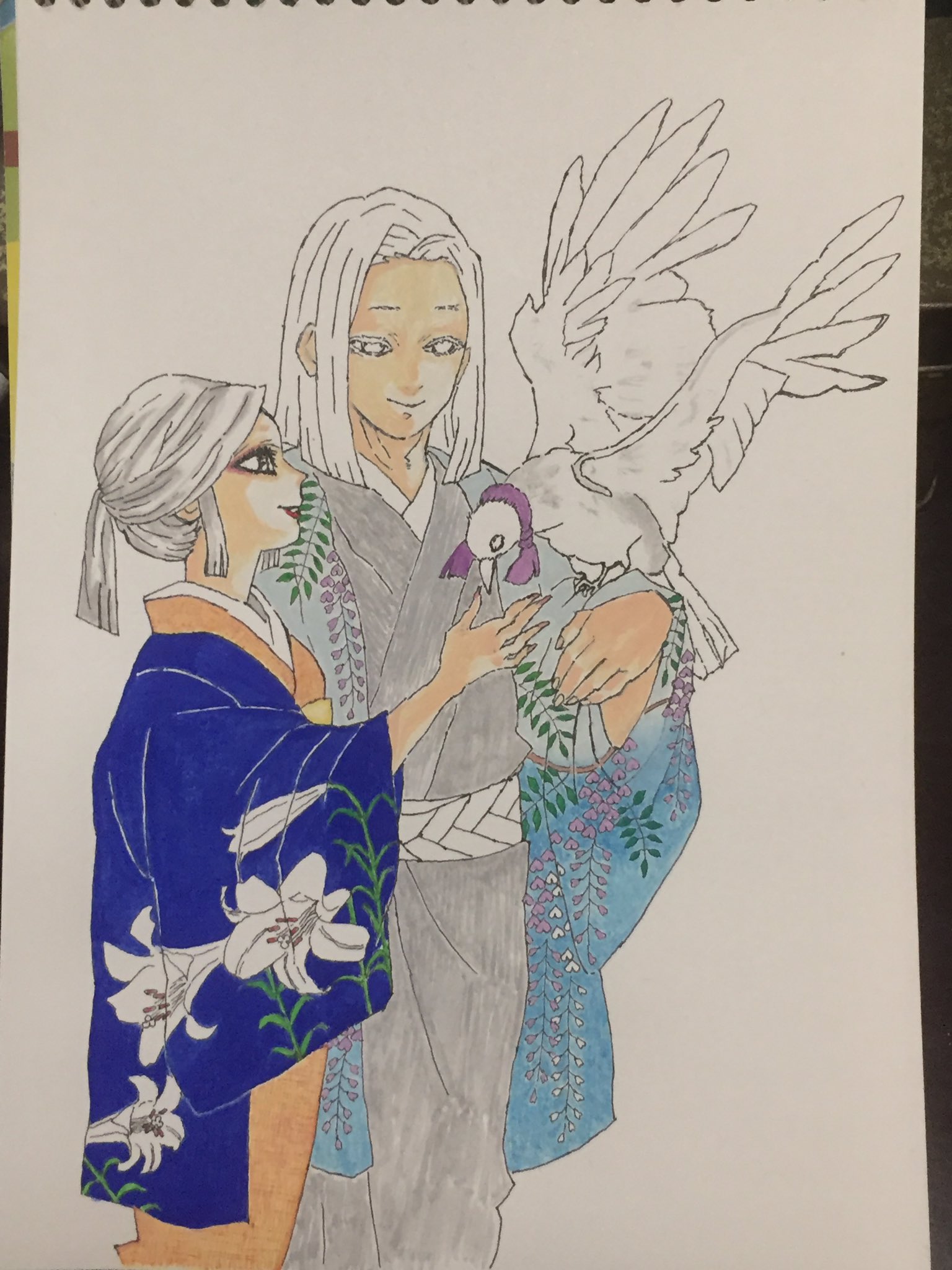 クリクリ 経過投稿 お館さまご夫妻 少しずつ描き進めているポスターカラーお絵描きの 経過です ごとうげ先生の鳥の描き方って 愛情を感じてスキだなーっ 鬼滅の刃イラスト お館さま 模写 Kimetsunoyaibafanart Oyakatasama T Co