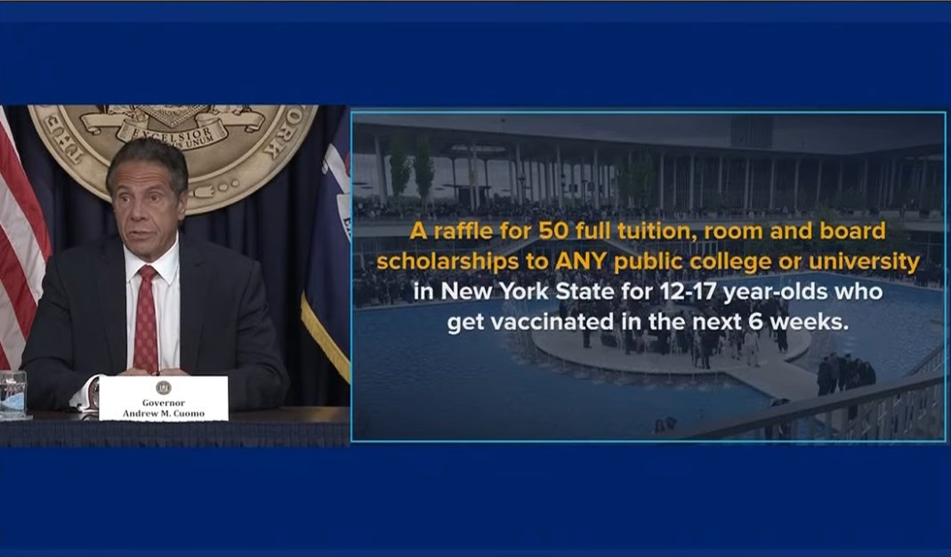 NYers 12-17 who get vaccine can enter raffle to win full tuition at public college in state: Cuomo bit.ly/3fkMJQq