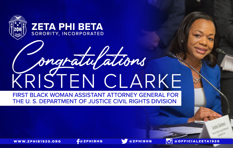 ZPhiBInc1920's tweet photo. Congratulations Kristen Clark, the first Black woman Assistant Attorney General for the US Department of Justice Civil Rights Division. #zetaphibeta #zphib #zphib1920 https://t.co/4bNQzeuVPk