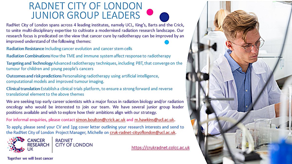 RadNetCRUKCoL's tweet photo. WE ARE HIRING #juniorgroupleader ! We're looking for 2 exceptional early career scientists in #radonc or #radbio to join our team. Enquire within! https://t.co/kaoeAKRjlw https://t.co/C0T7HxiXqq