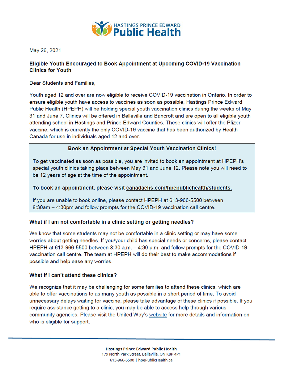 HarryJClarkePS's tweet photo. Please see the letter to families below, from Hastings Prince Edward Public Health regarding vaccination clinics for youth, aged 12 and over. https://t.co/USUvDU5hRY