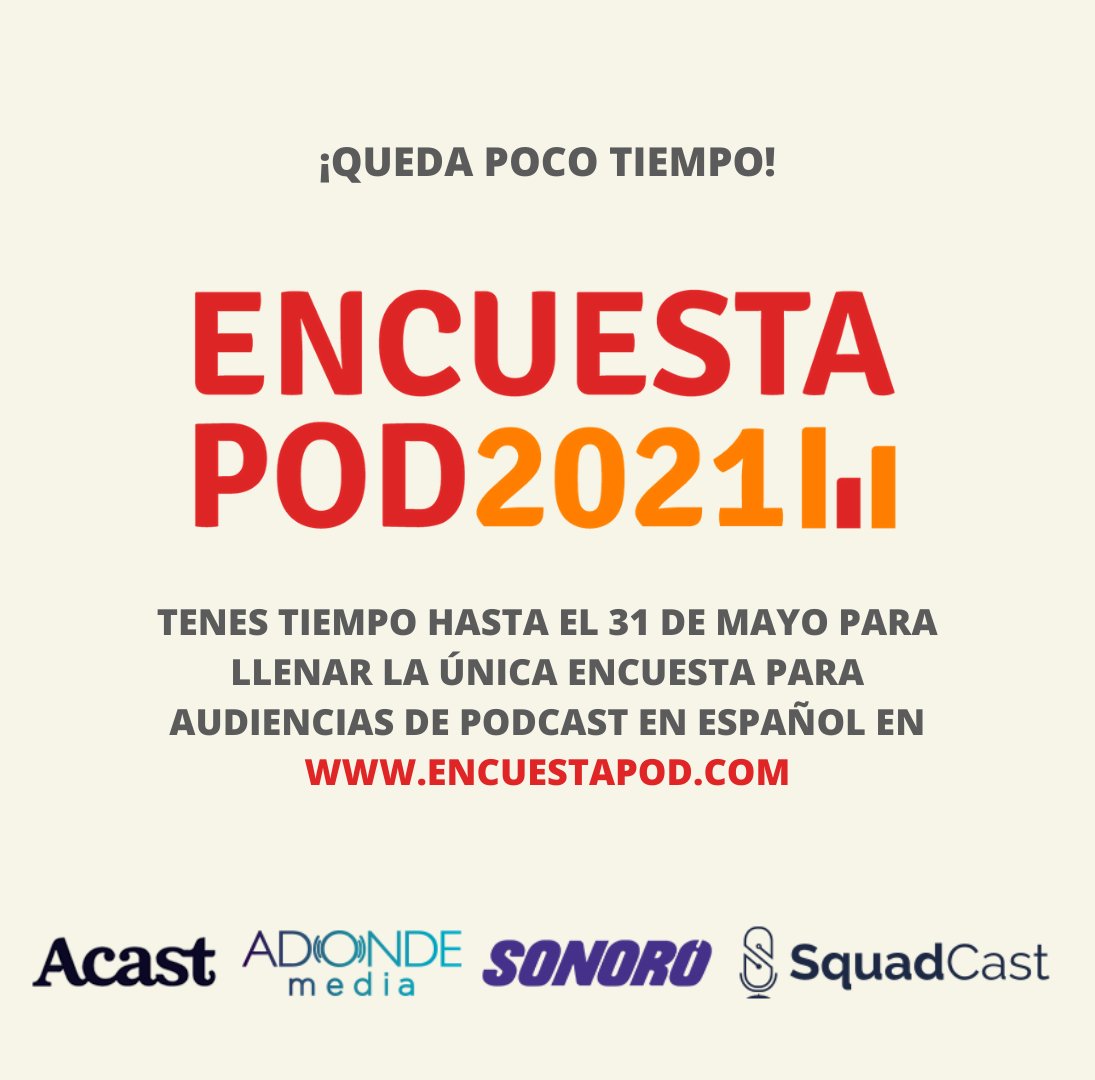 UrbanasProd's tweet photo. Estamos colaborando con #lospodcasteros para difundir la #EncuestaPod2021 para los oyentes de #Podcast.

¡Te invitamos a participar! Podés responderla aquí 
👉🏼https://t.co/EyU0AvjQlm https://t.co/eCEmZXAGEU