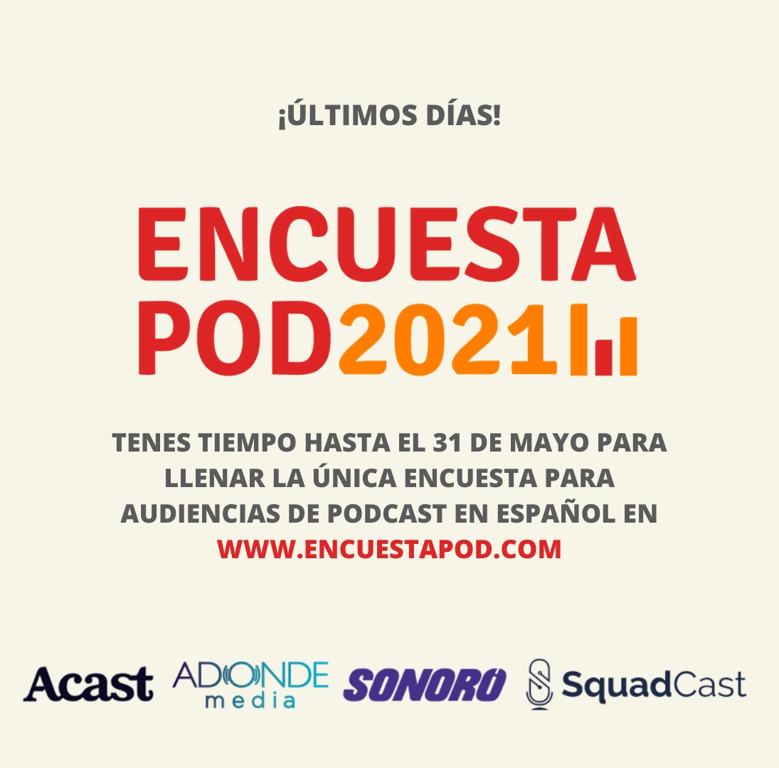 UrbanasProd's tweet photo. Estamos colaborando con #lospodcasteros para difundir la #EncuestaPod2021 para los oyentes de #Podcast.

¡Te invitamos a participar! Podés responderla aquí 
👉🏼https://t.co/EyU0AvjQlm https://t.co/eCEmZXAGEU