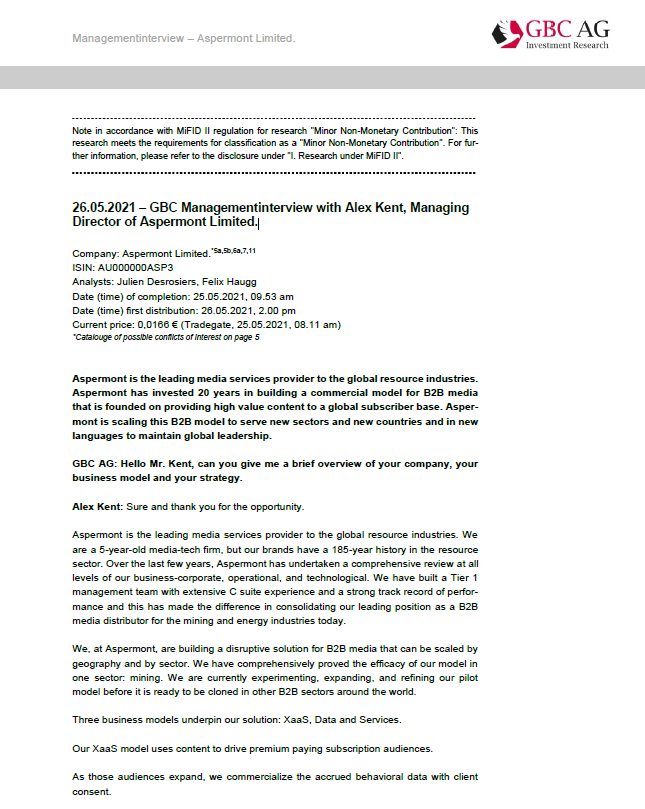GBC_Research's tweet photo. #AspermontLimited #Managementinterview englisch "Aspermont has invested 20 years in building a commercial model for B2B media that is founded on providing high value content to a global subscriber base" #SmallCaps #Börse #Aktie #Research #Media https://t.co/g49yA1IEpg https://t.co/j4yL5Wh7BQ