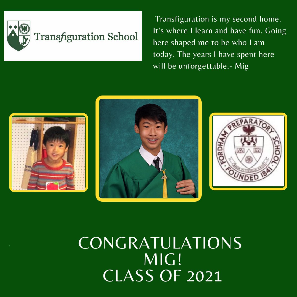 TransfigCS10591's tweet photo. Today we shine our 8th grade spotlight for the class of 2021 on Mig!!! Congratulations on all you have achieved at Transfiguration School. We know you will make us proud @fordhamprep!!  #classof2021 #TransfigStrong #SmallAtmosphereBigResults #BeTransformedatTransfig https://t.co/3WqgHWZ4xk