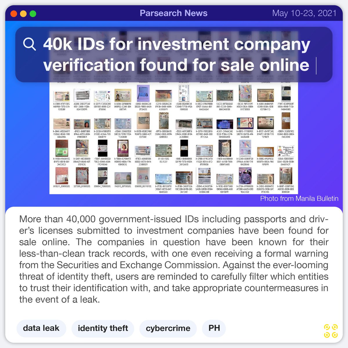 upparser's tweet photo. 🔍 #ParsearchNews Searching for the latest computer science news!

📌 Here’s what we found for you:

1️⃣ 40k IDs for investment company verification found for sale online: https://t.co/ki613gYqpX

Write-up by Kirby Aguilar https://t.co/7sqOUpZABt