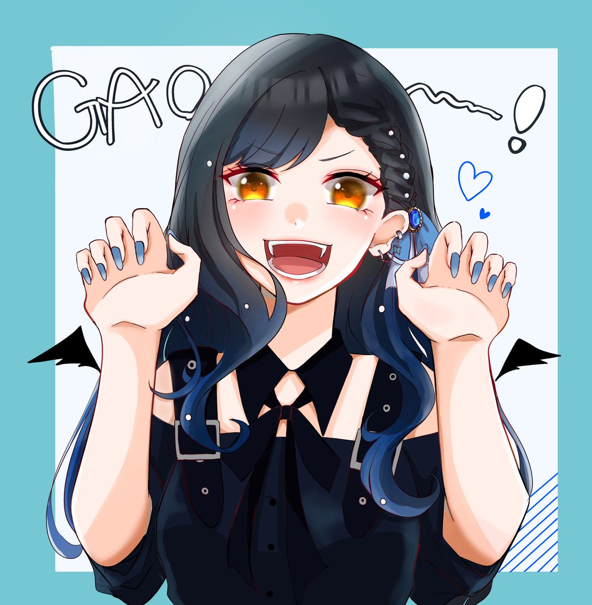 1girl claw pose solo fangs black hair blue hair smile  illustration images