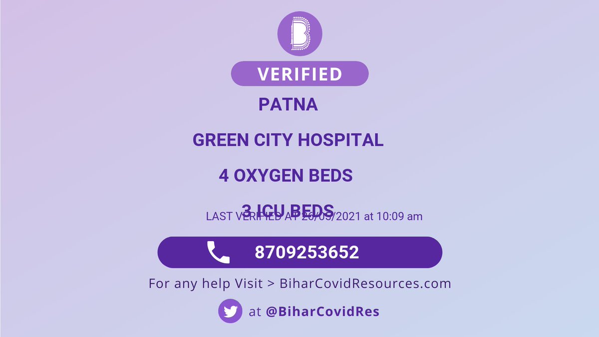 BiharCovidRes's tweet photo. ✅ Verified - @BiharCovidRes
Patna
4 OXYGEN Beds
3 ICU Beds

Name: Green City Hospital
Contact: 8709253652

Verified at: 26/05/2021 at 10:09 am

#Verified #COVIDEmergencyIndia #biharcovidresources
@BiharFraternity https://t.co/oNU5hml91g