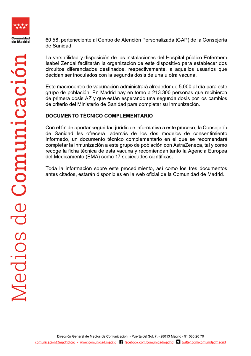 Sanidad de la <a href="/ComunidadMadrid/">Comunidad de Madrid</a> comenzará la próxima semana a poner la segunda dosis en el #Zendal a menores de 60 años vacunados con #AstraZeneca 

#coronavirusmadrid #VacunaCOVID19 #Madrid