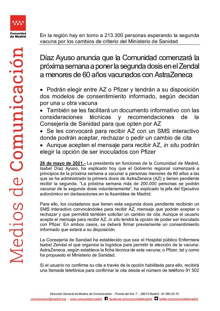 SaludMadrid's tweet photo. Sanidad de la @ComunidadMadrid comenzará la próxima semana a poner la segunda dosis en el #Zendal a menores de 60 años vacunados con #AstraZeneca 

#coronavirusmadrid #VacunaCOVID19 #Madrid https://t.co/g2NUa8hsxR
