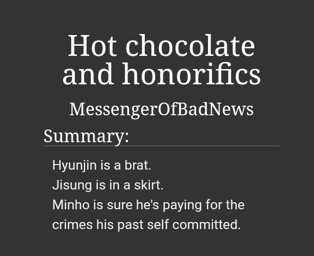 MessOfGoodNews's tweet photo. Hot chocolate and honorifics
for @polygonskz
▫️Hyvnm!nsng
▫️smut, movie night, punishment, boys in skirts
▫️4.1k words
https://t.co/rwfo2tMcaZ https://t.co/op75RX7hHw