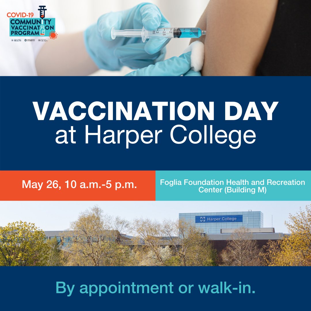 HarperCollege's tweet photo. Today is the day! 
Harper College has partnered with Cook County to hold a one-day COVID-19 vaccination event.
▪️ Open to students, employees and the community.
▪️ The Pfizer vaccine will be offered to anyone age 12 and older.
▪️ By appointment or walk-in: https://t.co/z0sxiGmXLs https://t.co/ot3ennSYTQ