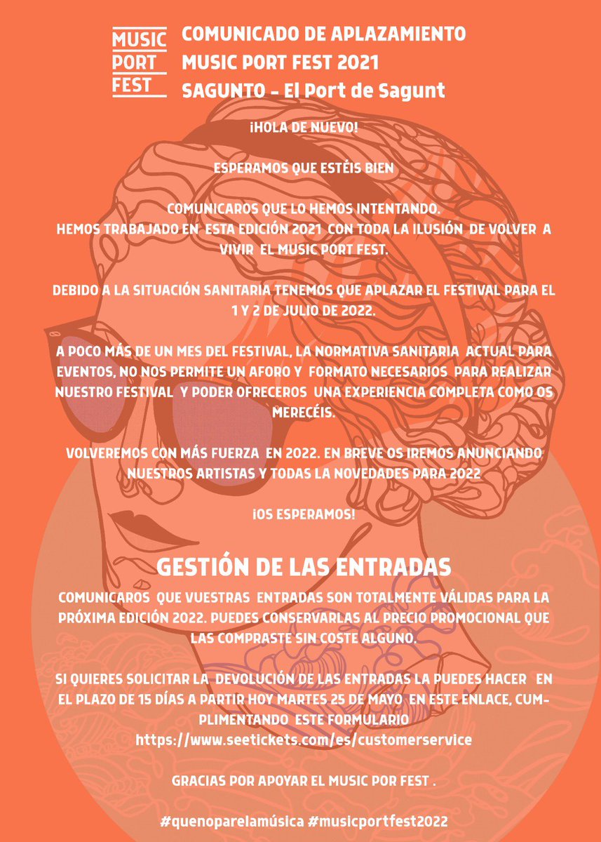 ☝🏽Os anunciamos que nos vemos obligados a aplazar el festival hasta el 1 y 2 de julio de 2022. 
Las mismas entradas serán válidas en 2022 o, si queréis, podéis solicitar la devolución rellenando el formulario en seetickets.com/es/customerser…
Gracias por vuestra comprensión.
